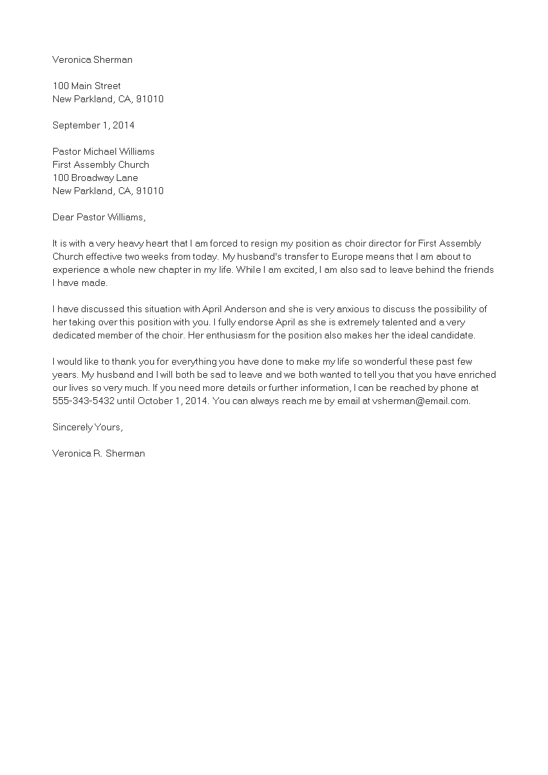 church volunteer resignation letter template