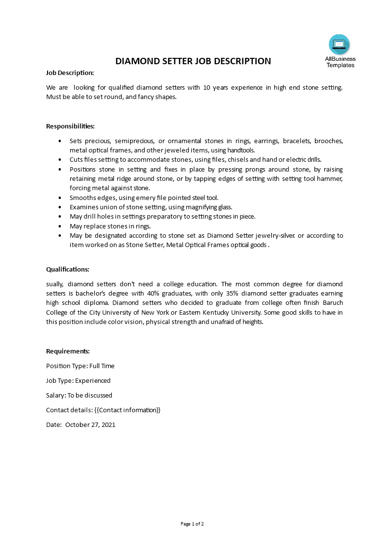 diamond setter job description template