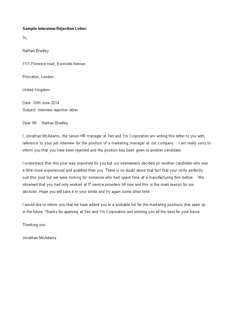 polite interview rejection letter template