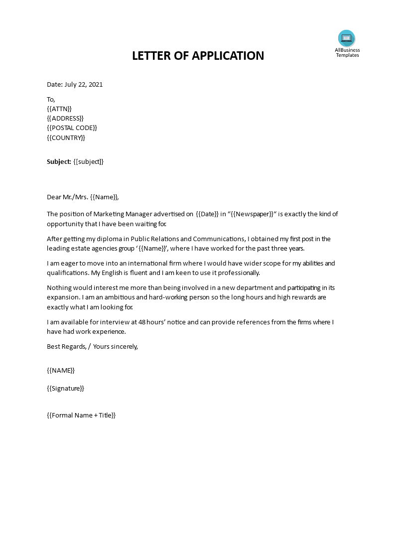 letter of application Hauptschablonenbild