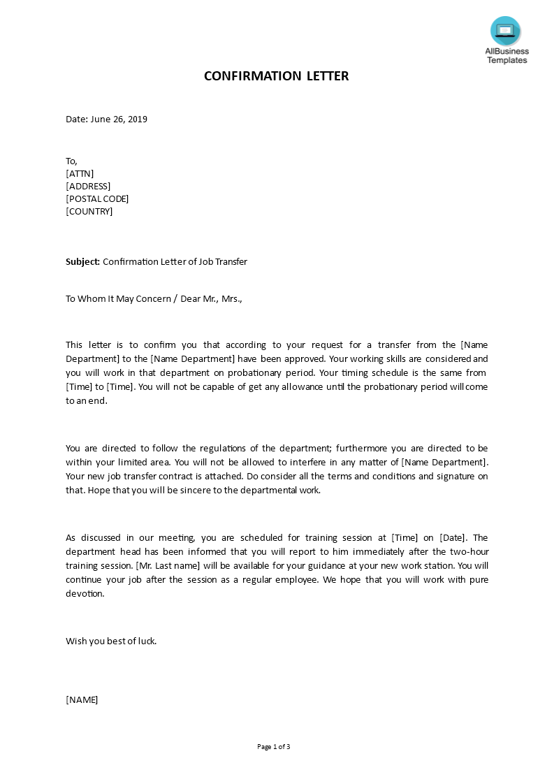 confirmation letter of job transfer plantilla imagen principal