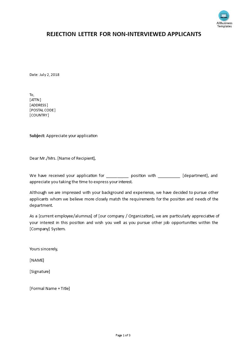 Kostenloses Job Applicant Rejection Before Interview Letter template