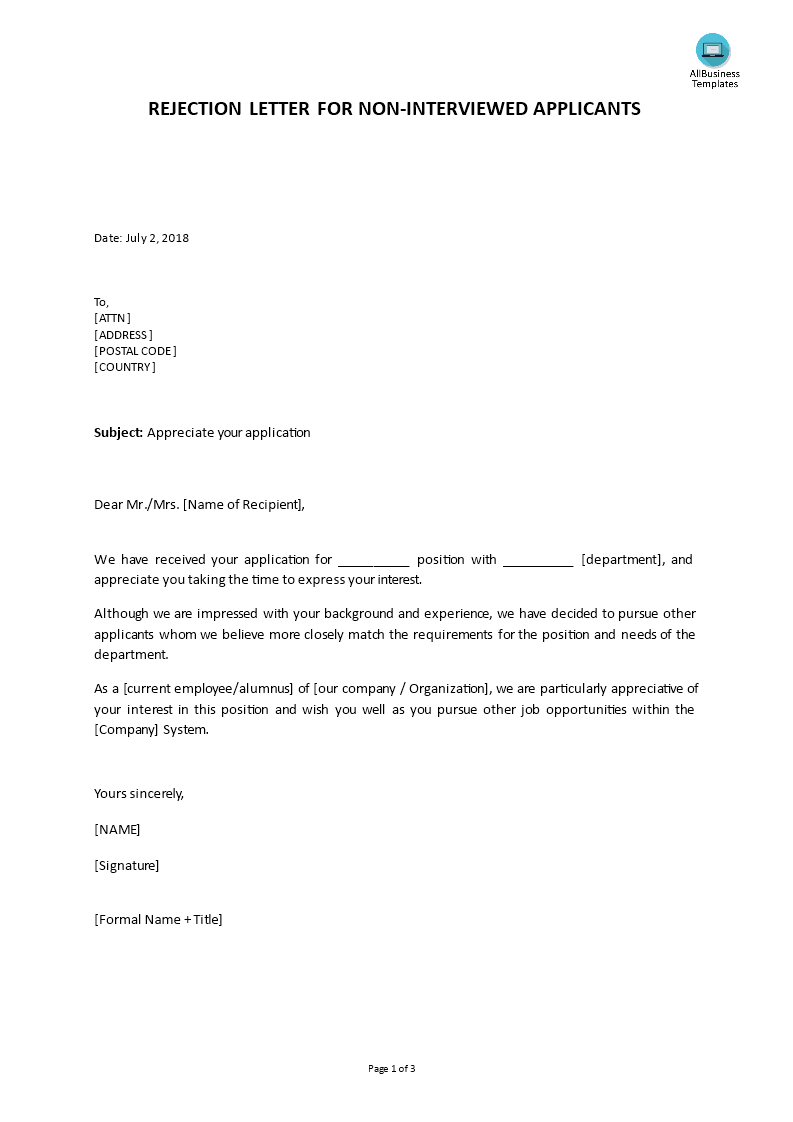 job applicant rejection before interview letter template template