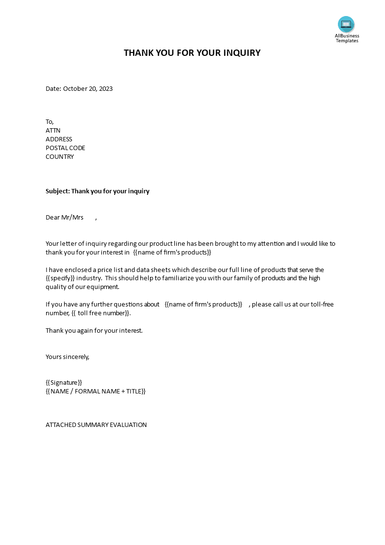 thank you for your inquiry plantilla imagen principal