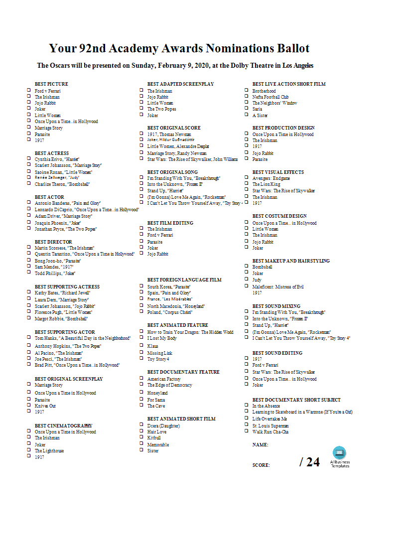 Oscars 2020 Ballot Excel Spreadsheet 模板