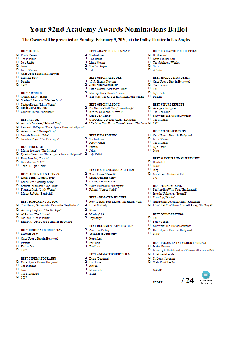 oscars 2020 ballot excel spreadsheet Hauptschablonenbild