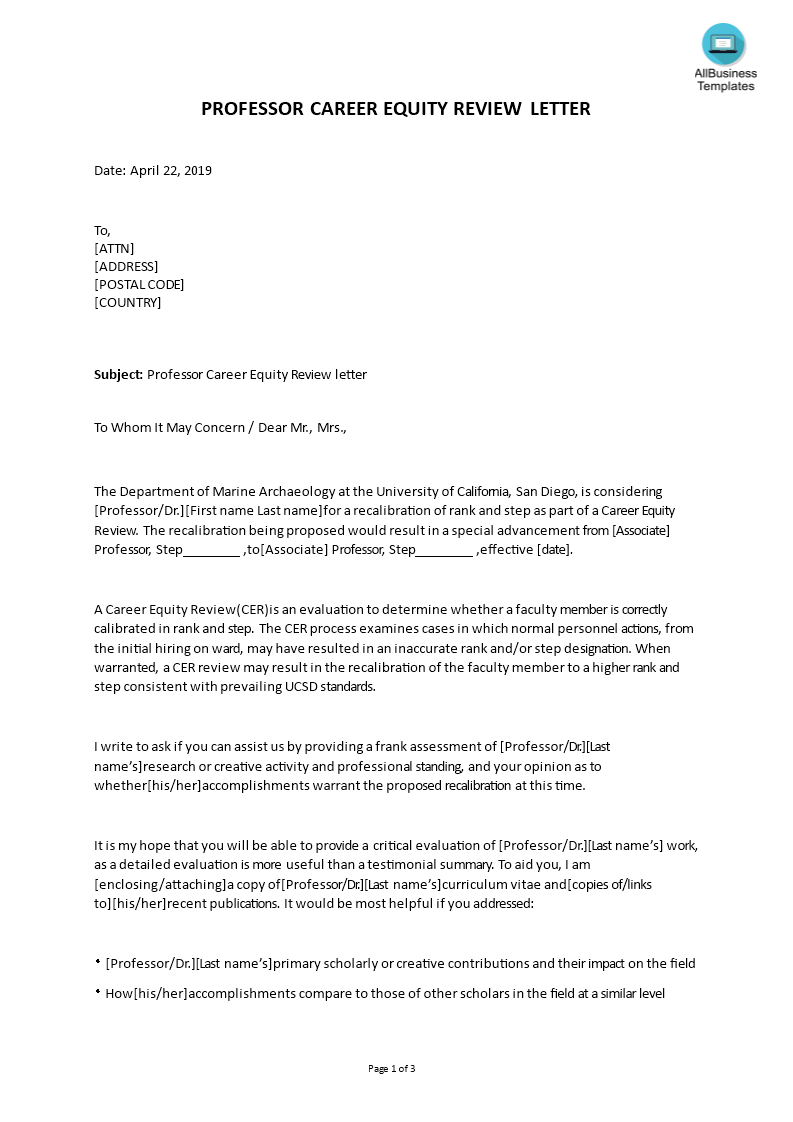 professor career equity review letter template