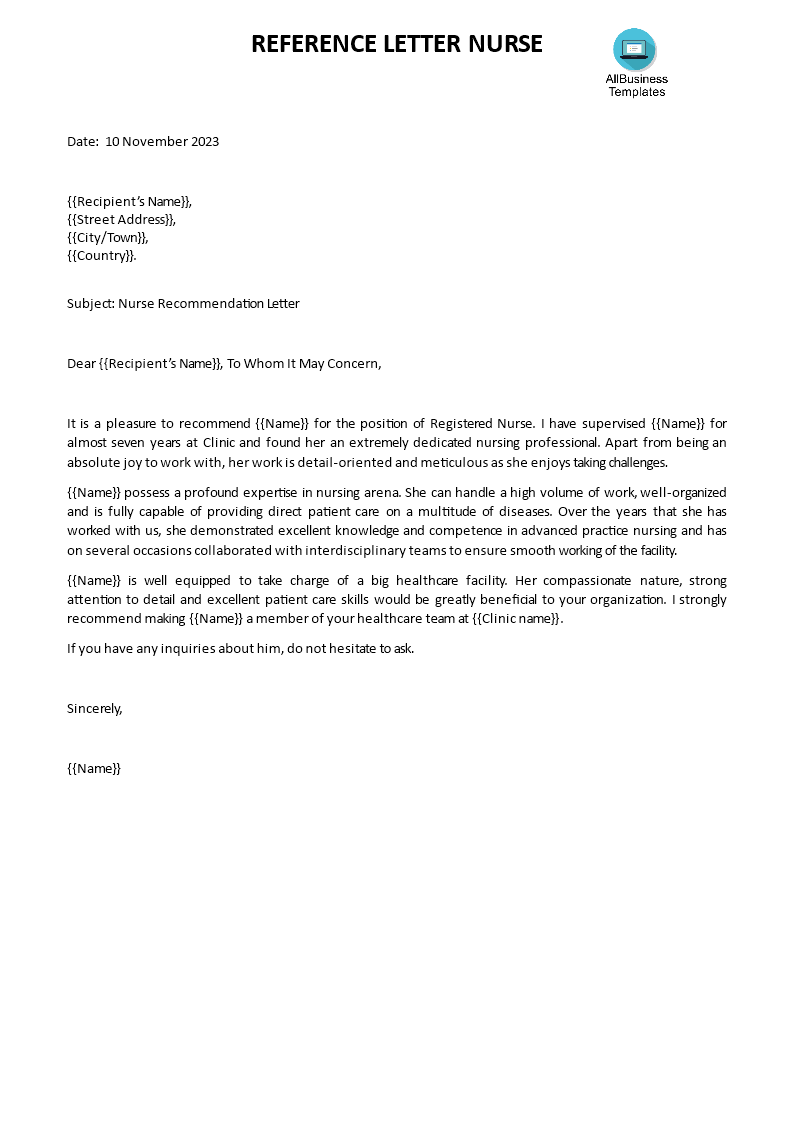 Recommendation Letter for Nurse from Doctor  Templates at In Letter Of Recomendation Template