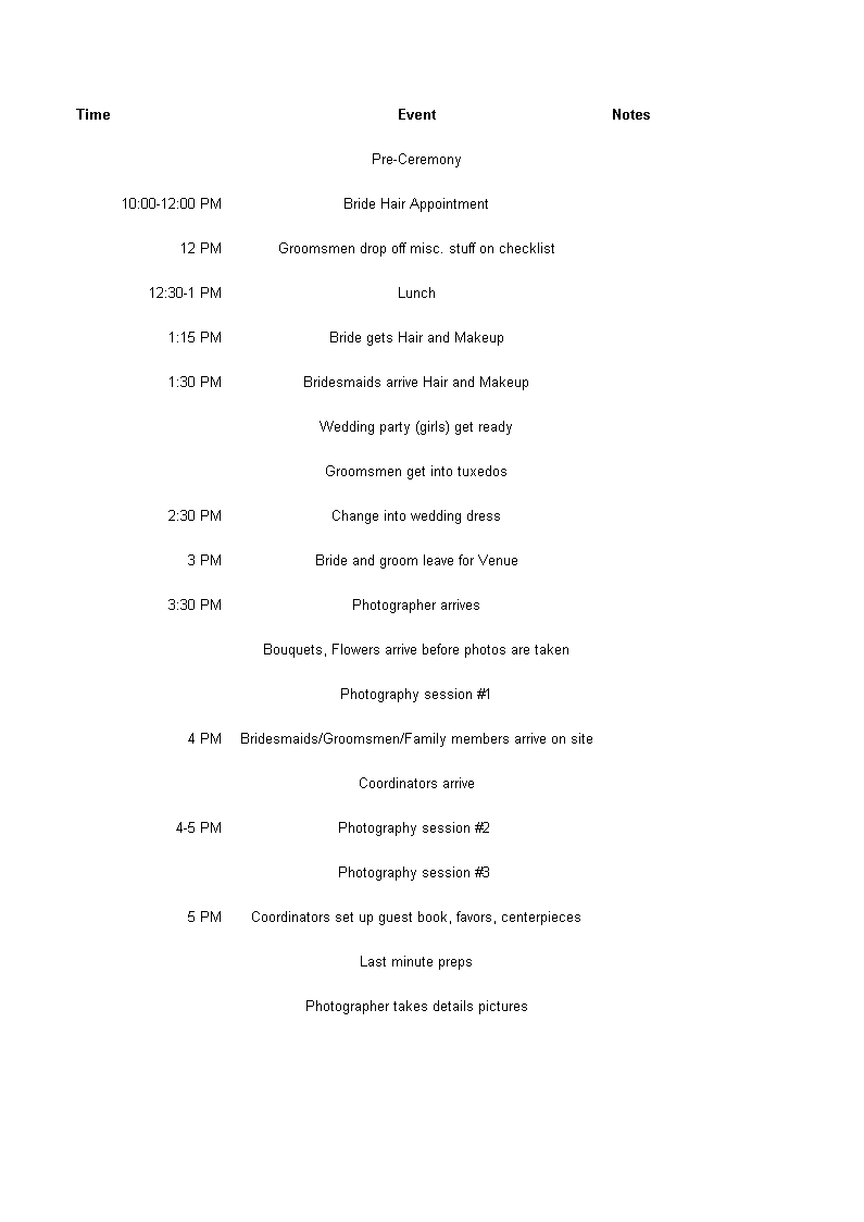 wedding day schedule excel template voorbeeld afbeelding 