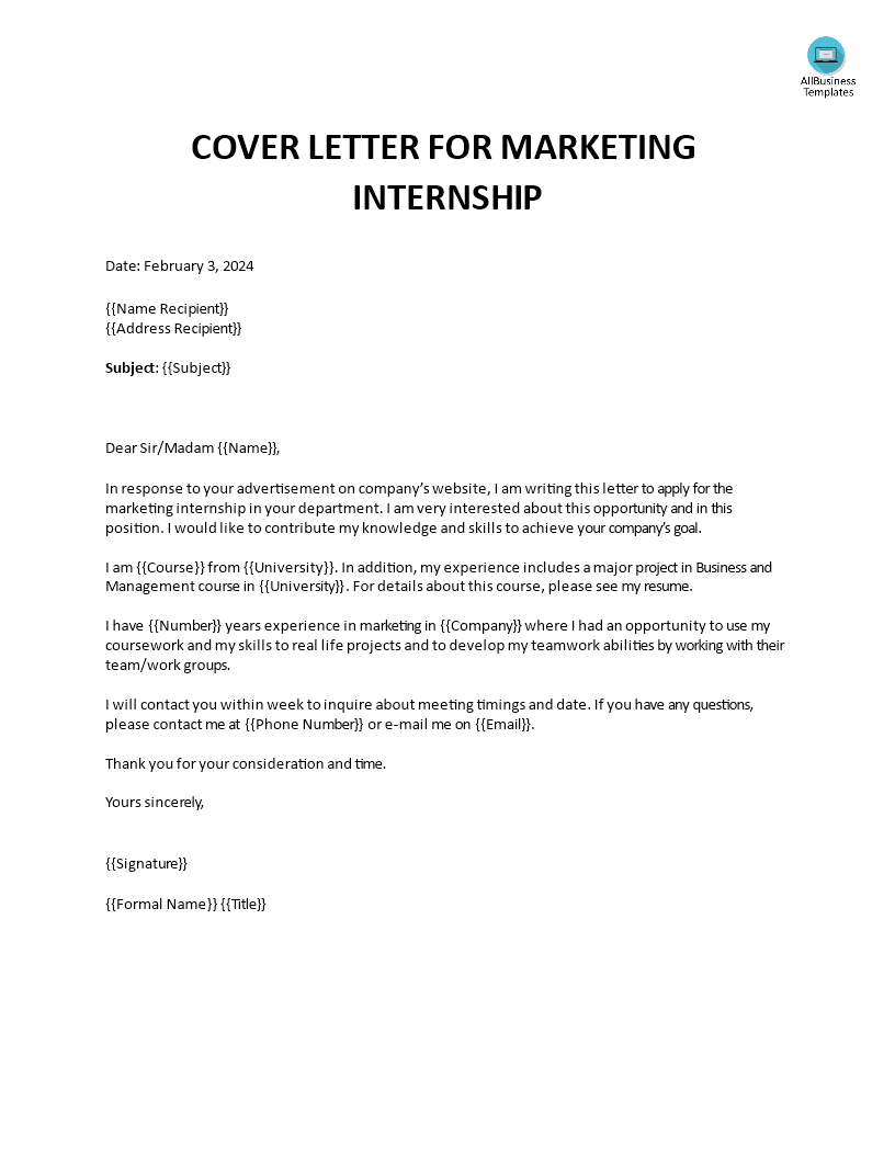 cover letter for marketing internship template