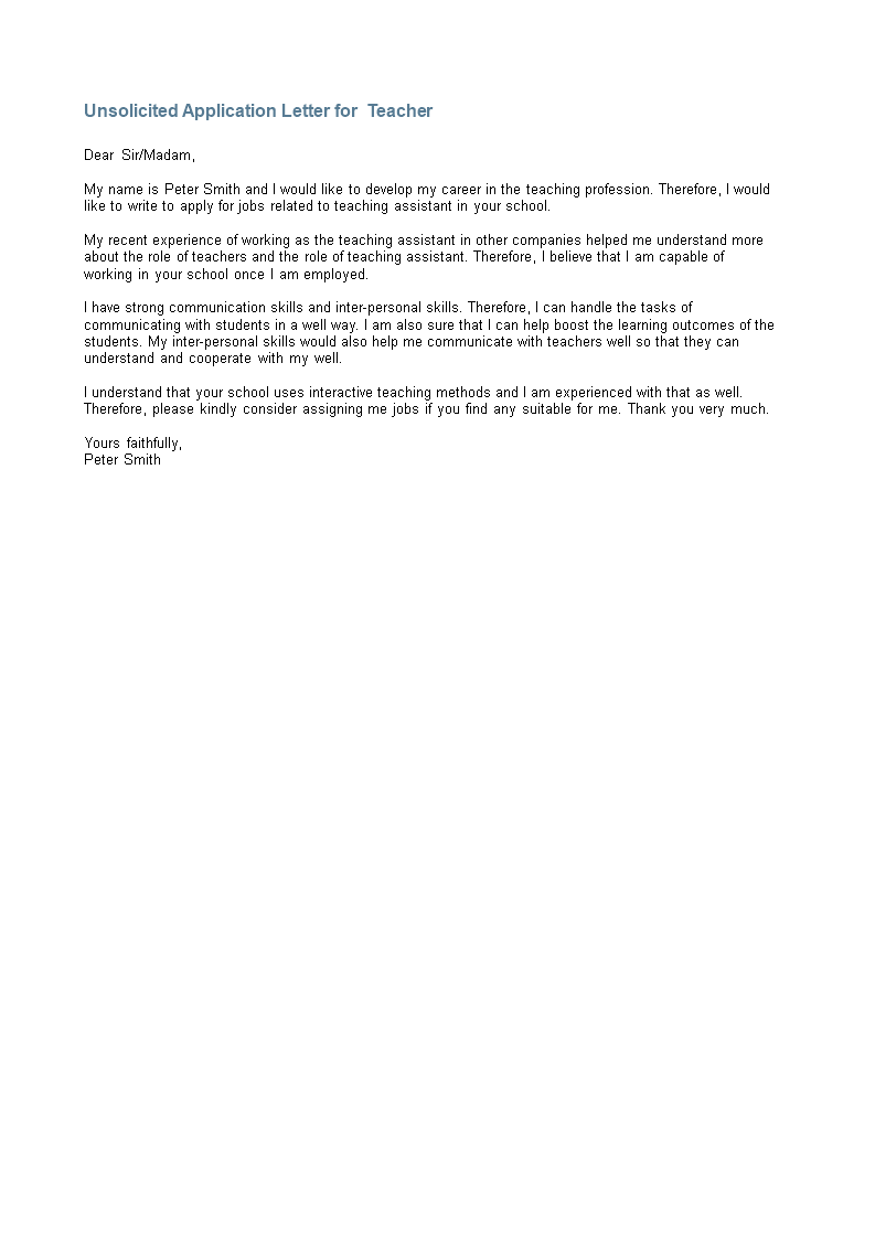 Unsolicited Application Letter For Teacher main image