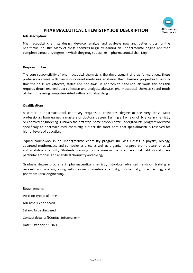 pharmaceutical chemistry job description template