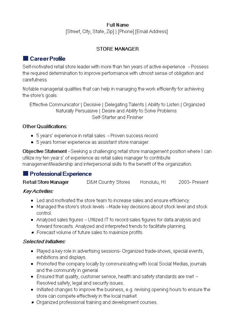 retail management sales resume template