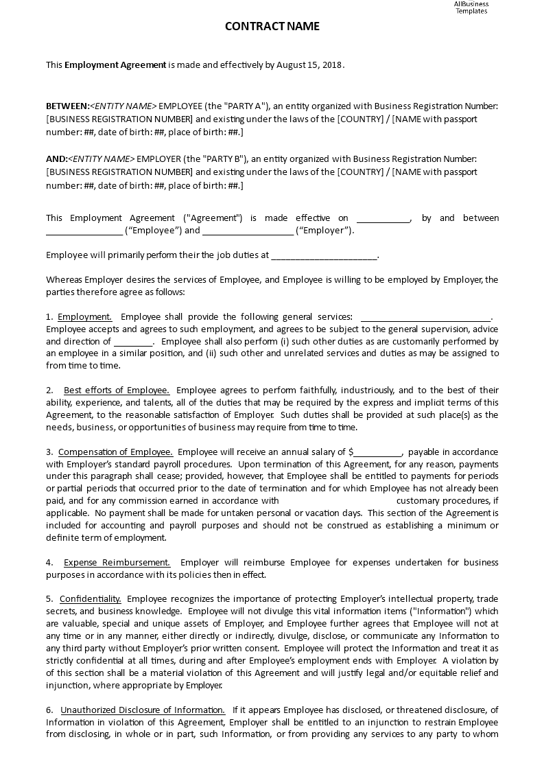 basic employment agreement example plantilla imagen principal