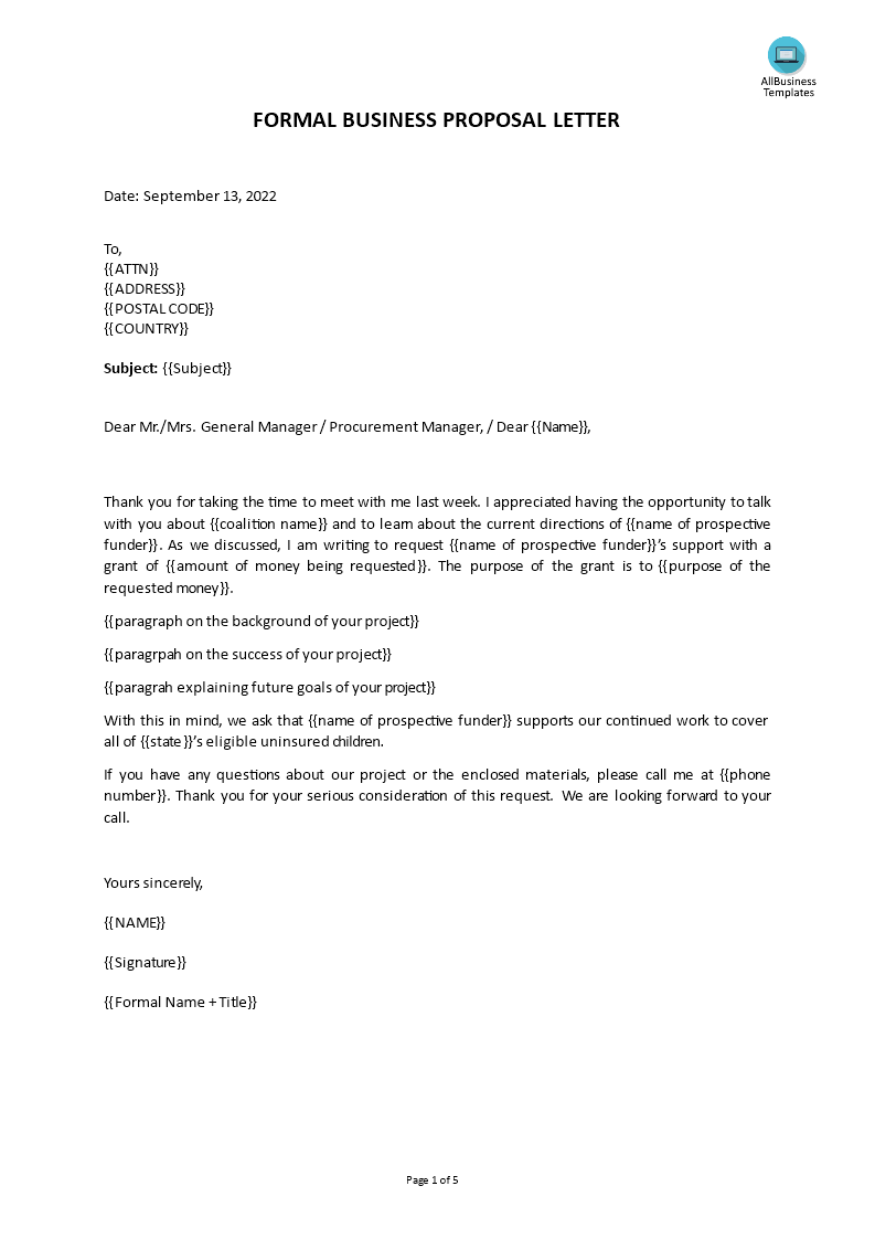formal proposal cover letter template