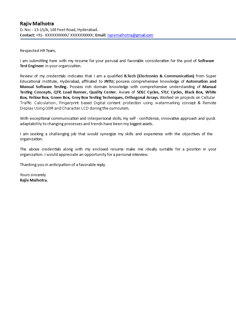 hr fresher cover letter sample