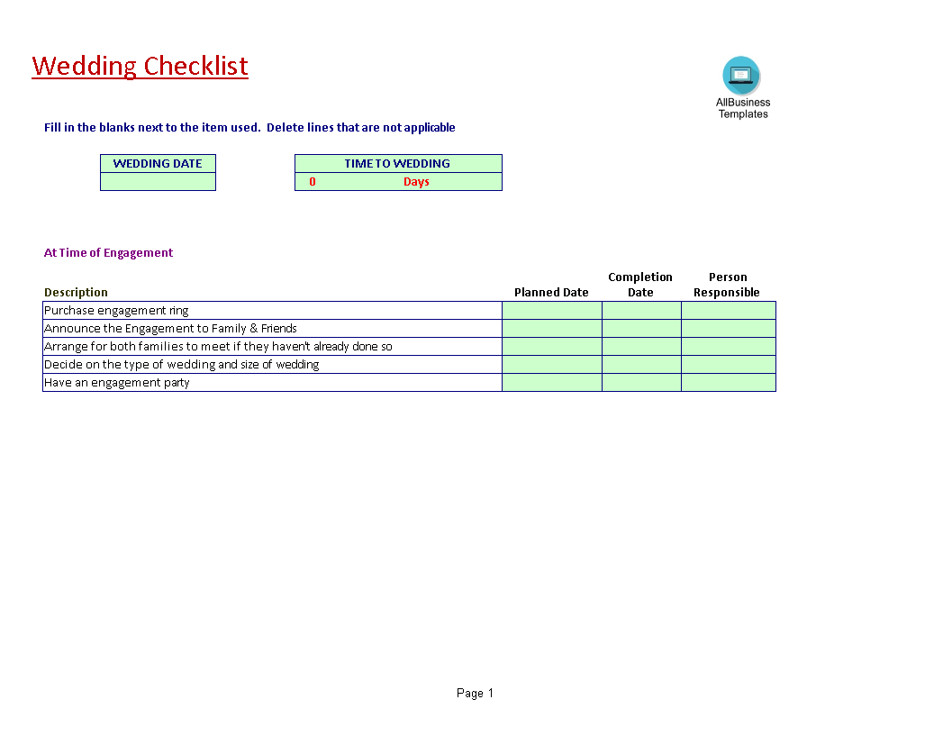 Wedding Checklist Excel 模板