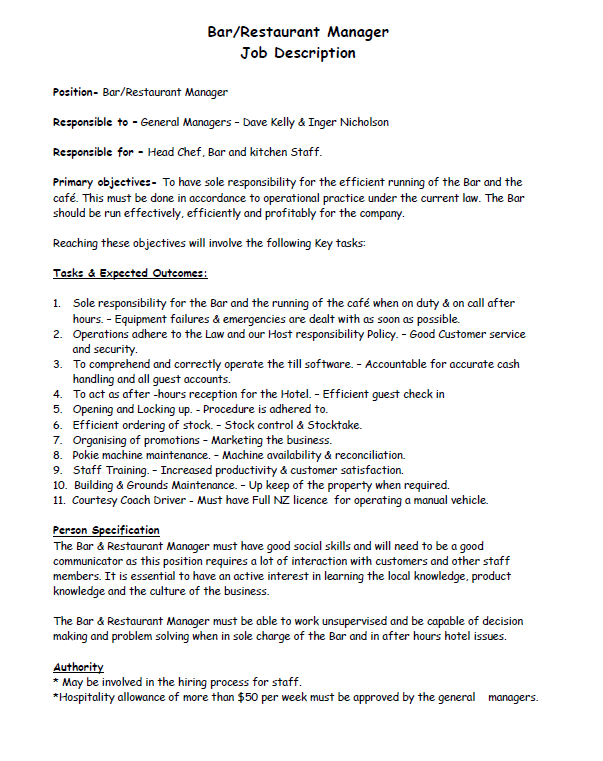 bar restaurant manager job description voorbeeld afbeelding 