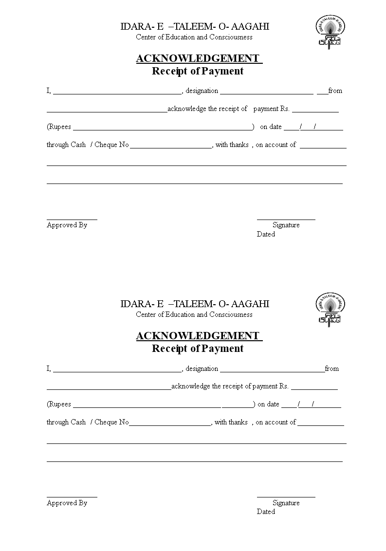 payment acknowledge receipt template