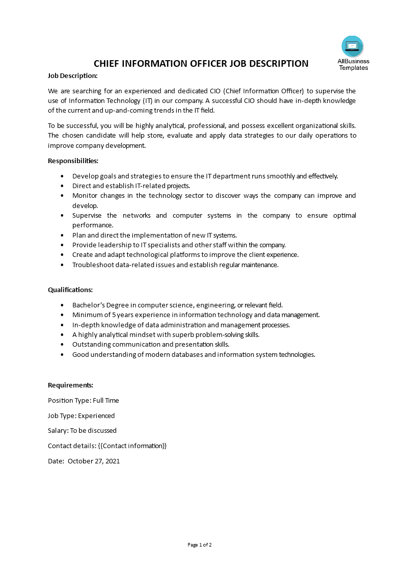 chief information officer job description voorbeeld afbeelding 