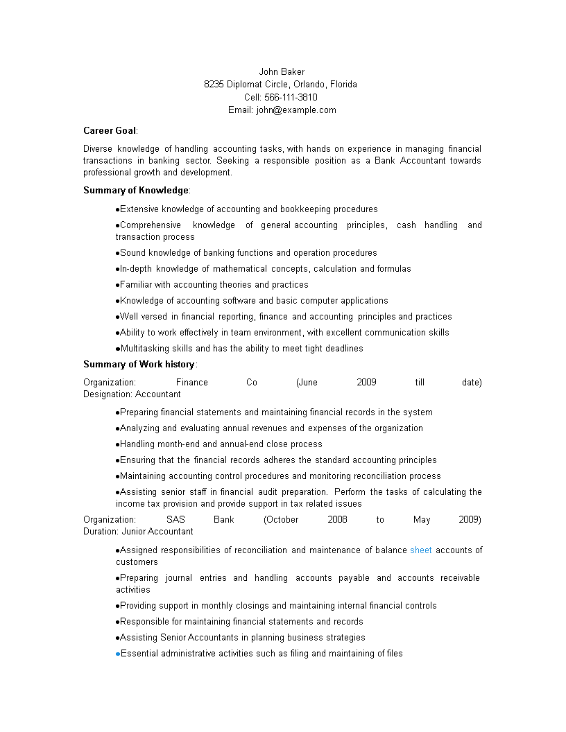 bank staff accountant resume modèles