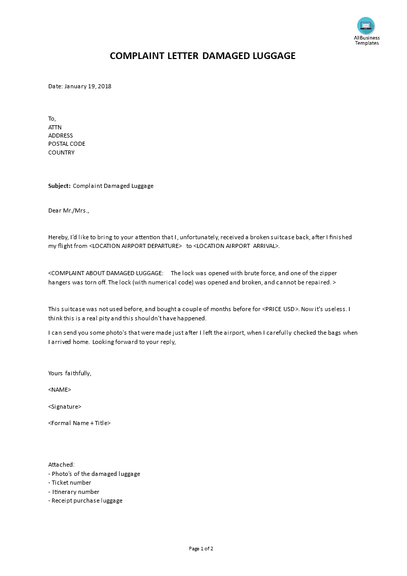 complaint letter damaged luggage voorbeeld afbeelding 