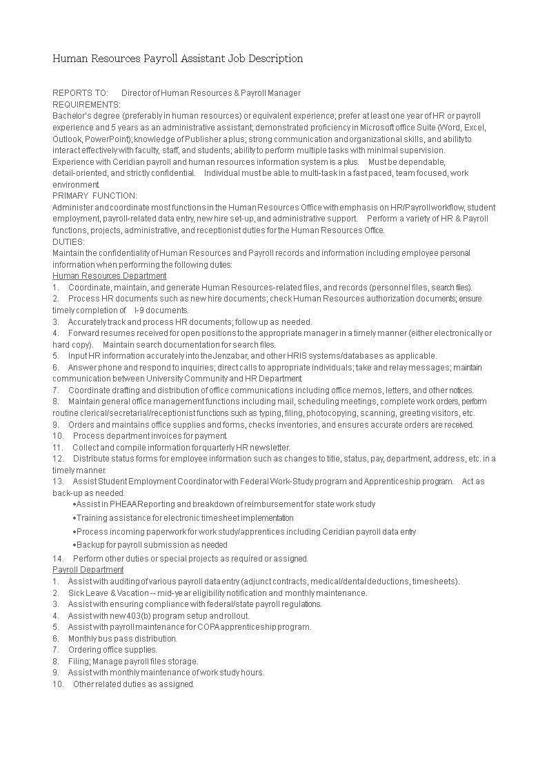 human resources payroll assistant job description voorbeeld afbeelding 