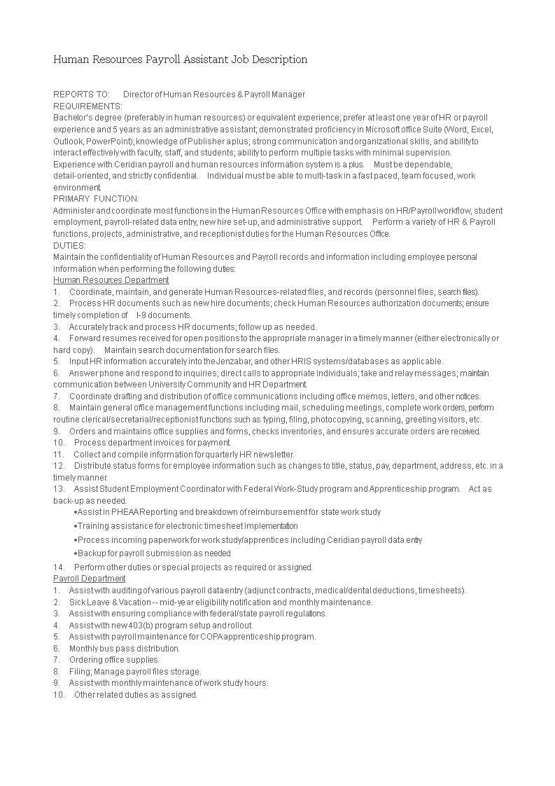 human resources payroll assistant job description modèles