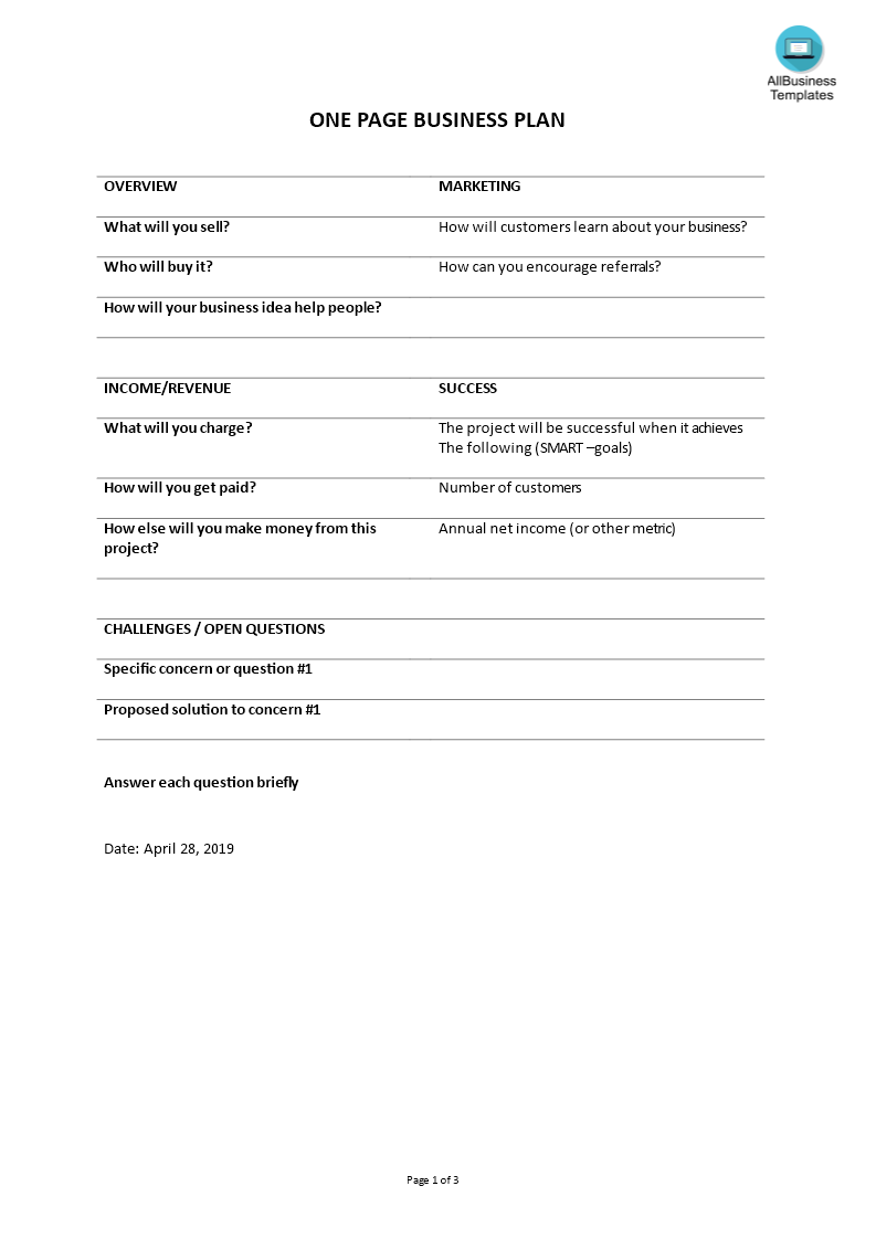 free one page business plan templates