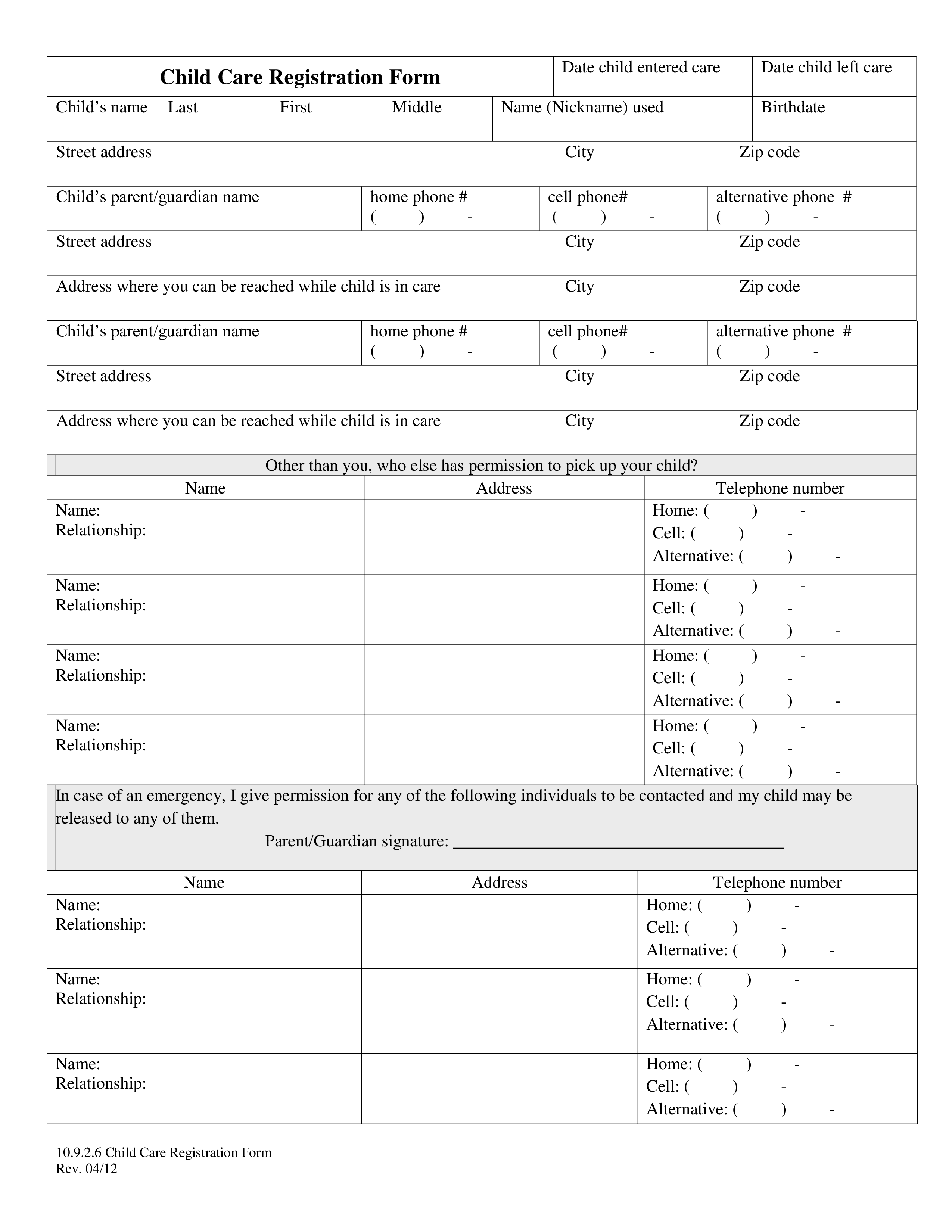 Printable Childcare Registration Form main image