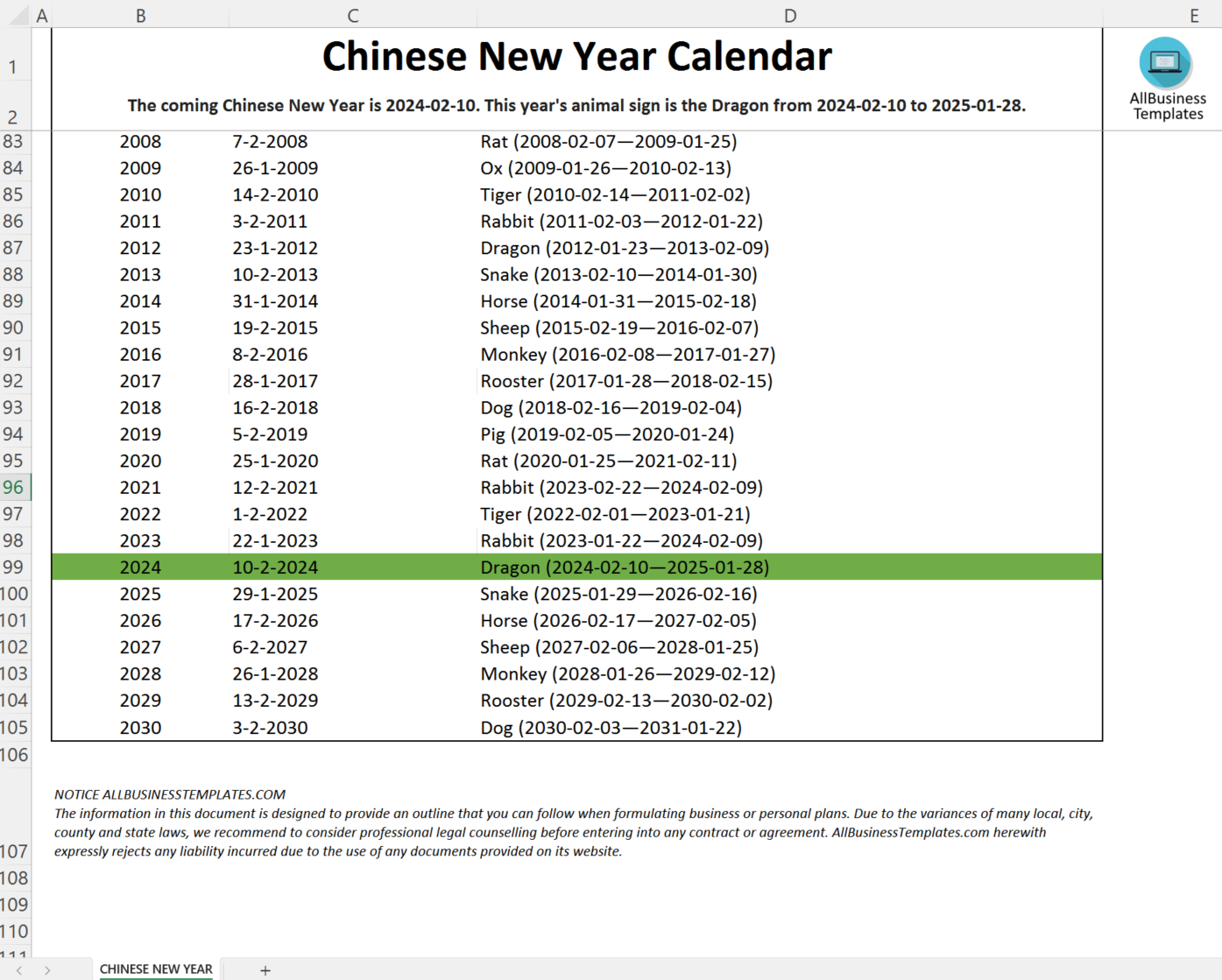 chinese new year calendar 2024 voorbeeld afbeelding 