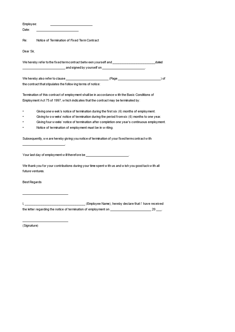 sample fixed term contract termination letter template