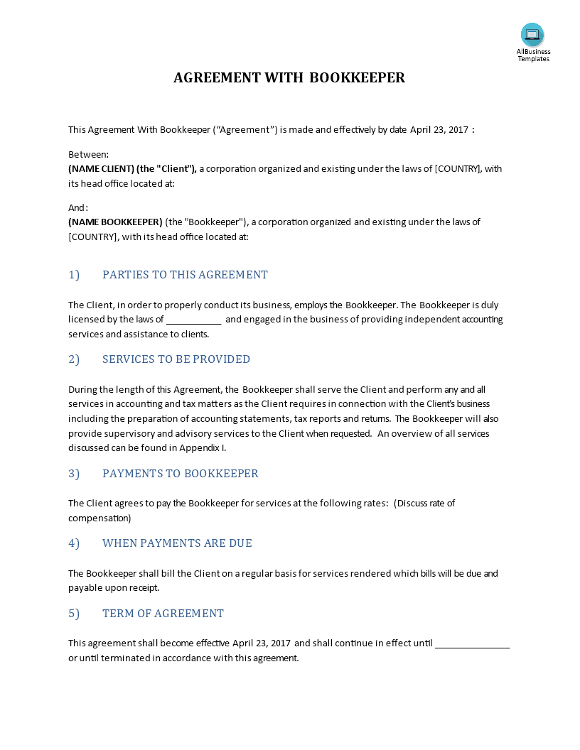 Agreement With Bookkeeper Templates At Allbusinesstemplates Com