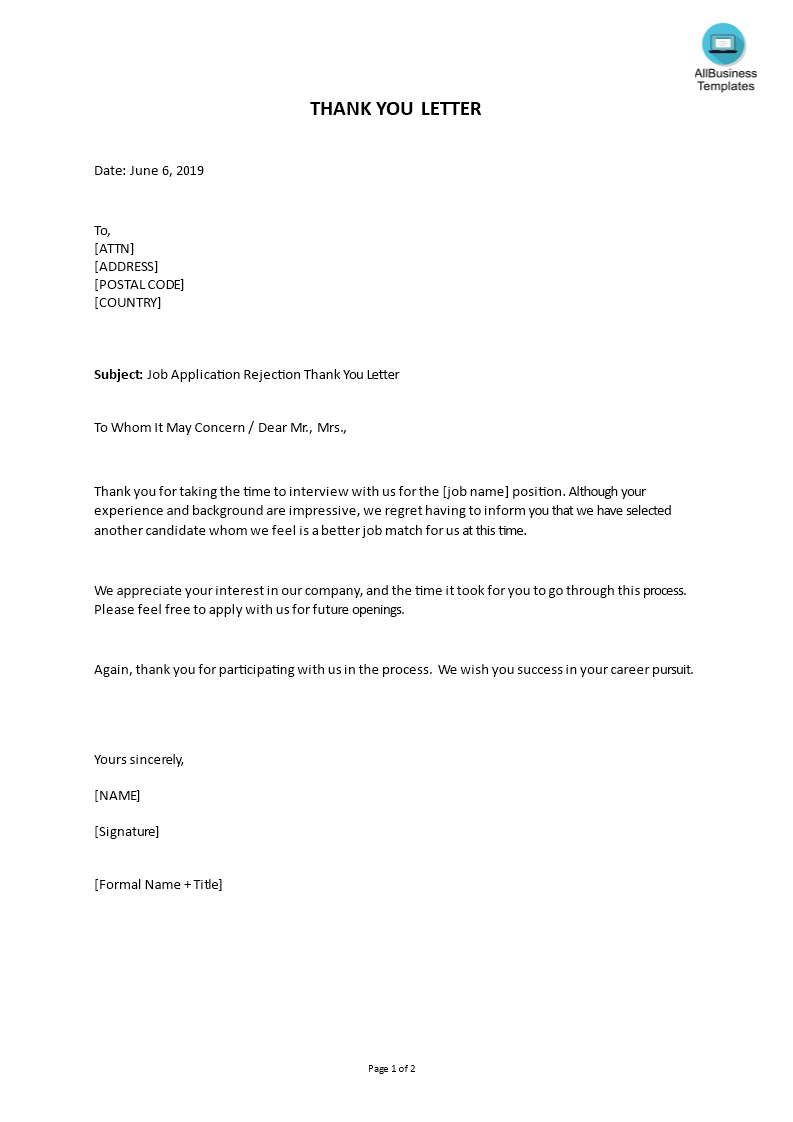 job application rejection thank you letter template