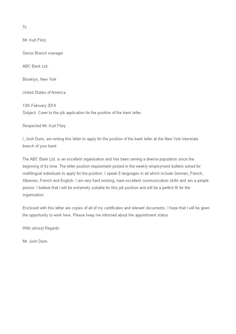 sample of application letter for bank employment