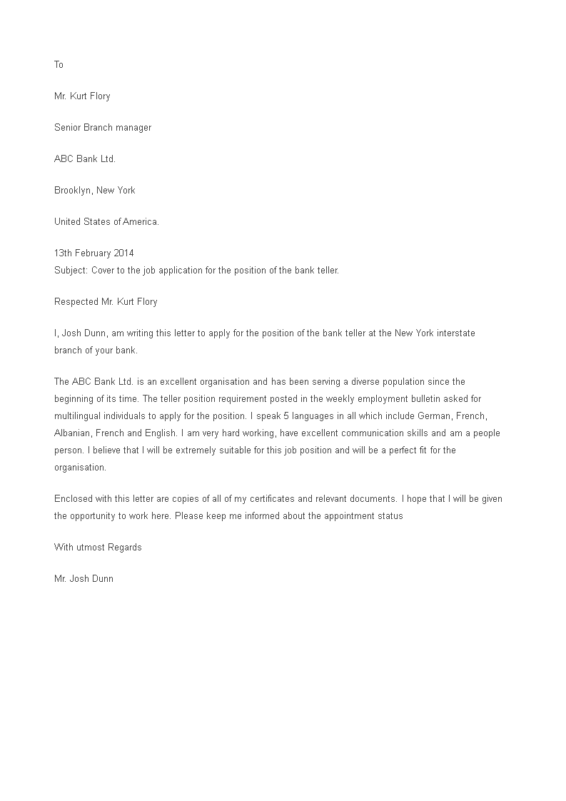 Bank Job Application Letter Sample 模板