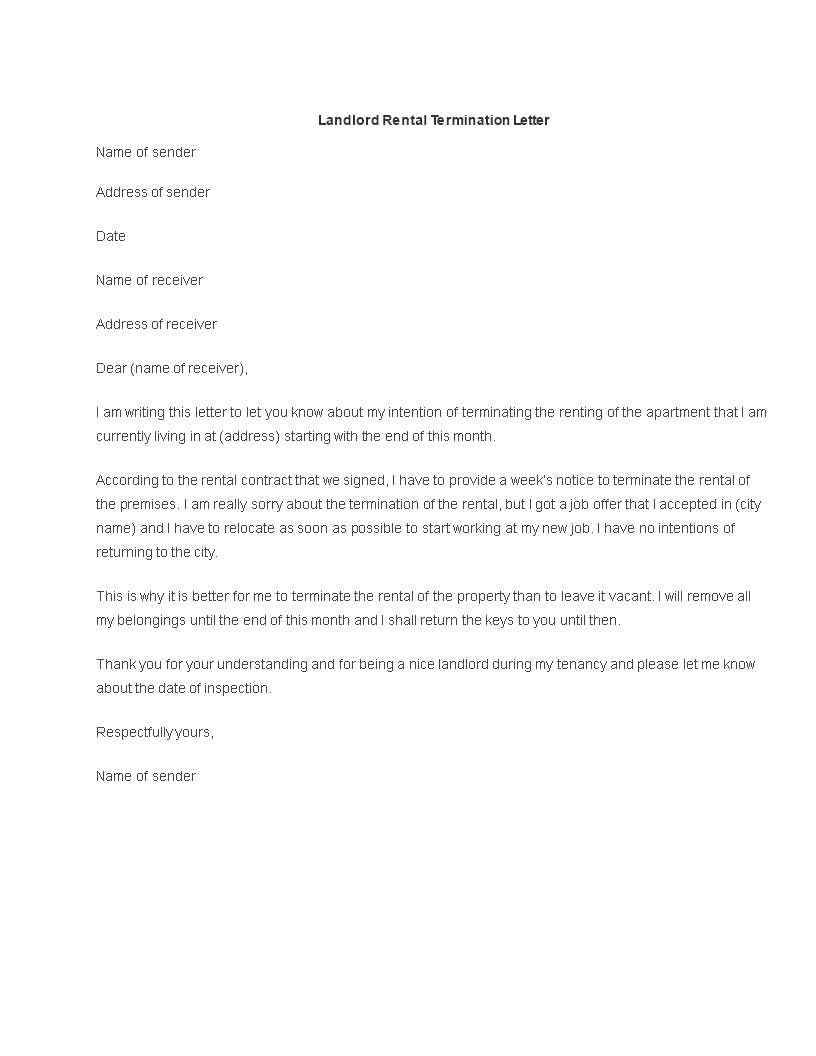 rental termination letter by tenant template