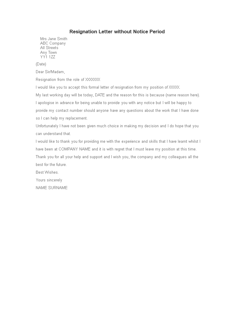 formal resignation letter without notice template