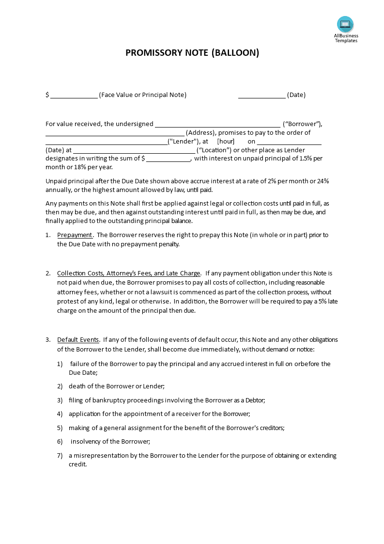 promissory note balloon template